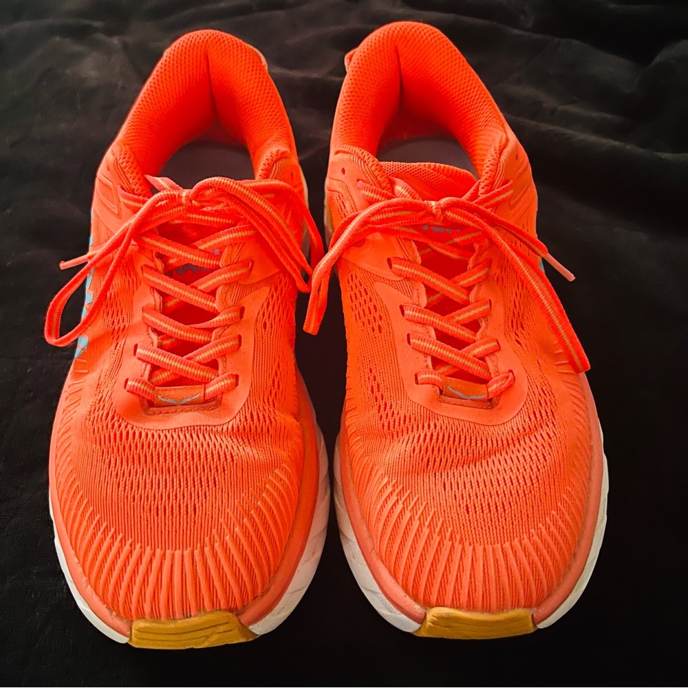 Hoka One One Women's Bright Orange Athletic Sneakers with Yellow & Blue Accents - Picture 3 of 6